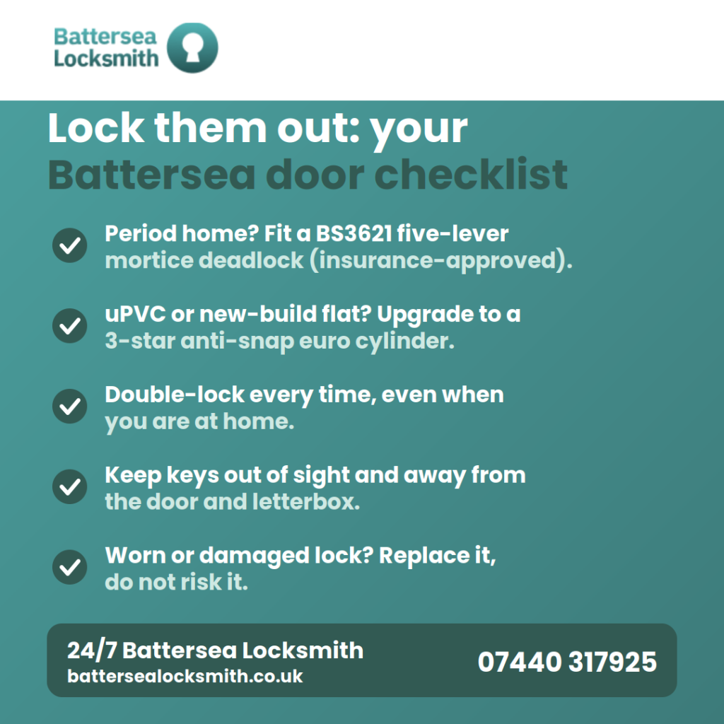 Battersea door security checklist: BS3621 mortice, anti-snap cylinder, always double-lock